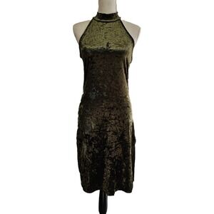 Vintage 90s Many Many Olive Green Crushed Velvet Bodycon Sleeveless Dress Size L
